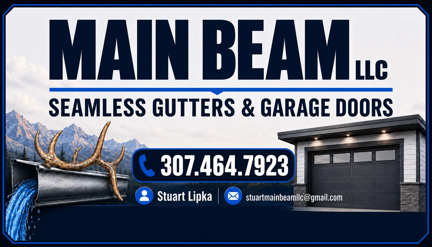 Main Beam LLC branded truck and trailer — seamless gutters and garage doors, serving northeastern Wyoming